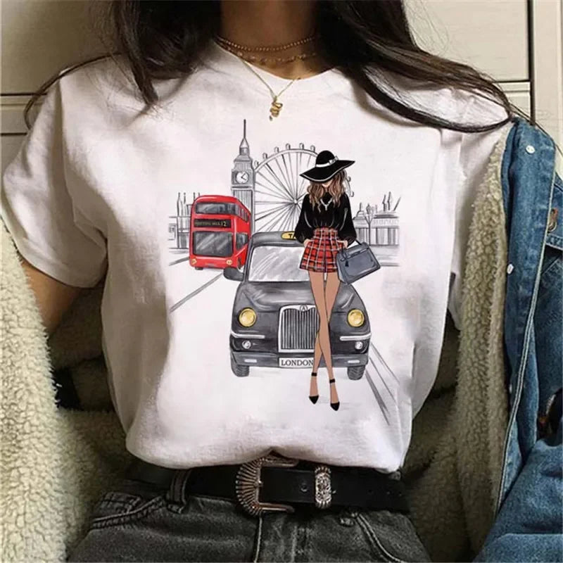 Women T Shirt London Paris New York City Travel Graphic Print Fashion Streetwear Urban Vacation Casual Short Sleeve Gothic