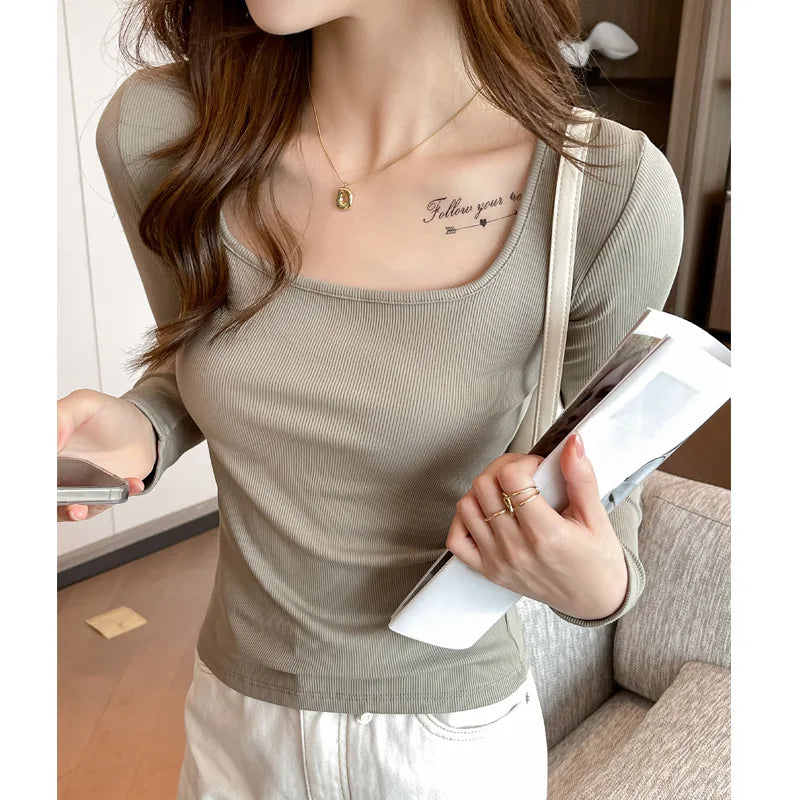 Women T-shirt 2025 Modal Autumn Bottoming Shirt Black Spring Top Long Sleeve Big O-neck Inner Fashion Korean Slim Fit Undershirt