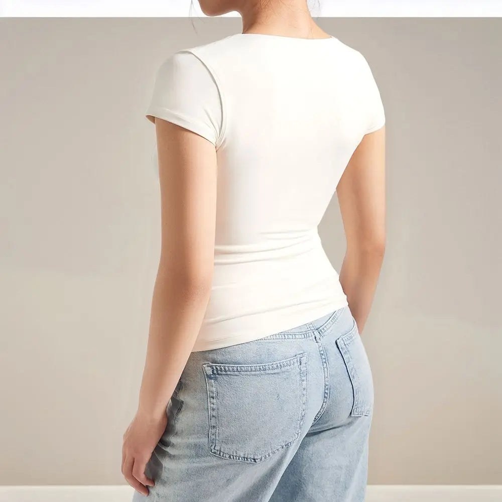 Women T-shirt  Short Sleeve Butter Soft  Summer Sexy Deep V neck Slim Fit Tee Elastic Casual and Sexy Breathable Crop Top Women