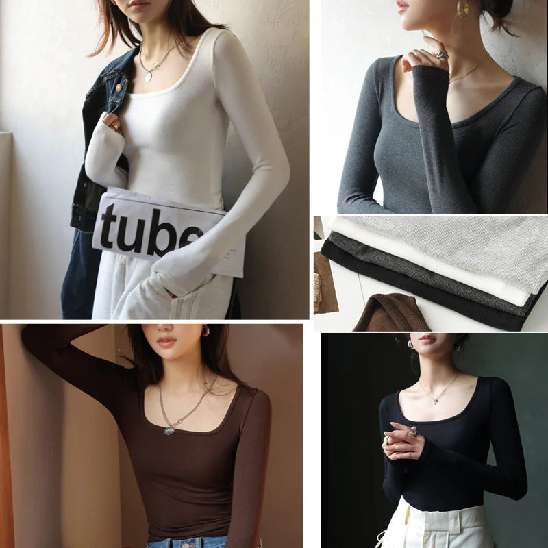 Women T-shirt 2025 Modal Autumn Bottoming Shirt Black Spring Top Long Sleeve Big O-neck Inner Fashion Korean Slim Fit Undershirt