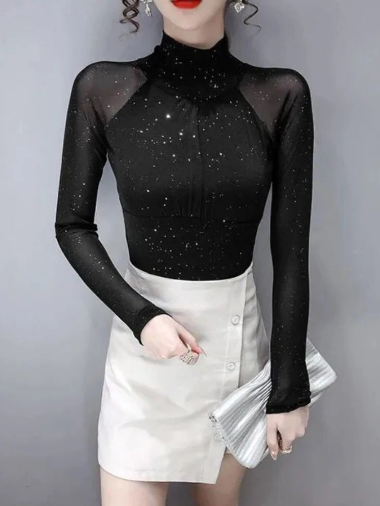 Women's T Shirts Female Tops 2025 Clothes  Glitter Sequin Black Tshirts Rhinestone Mesh Novelties Kpop Korea Stylish Fitted Tees