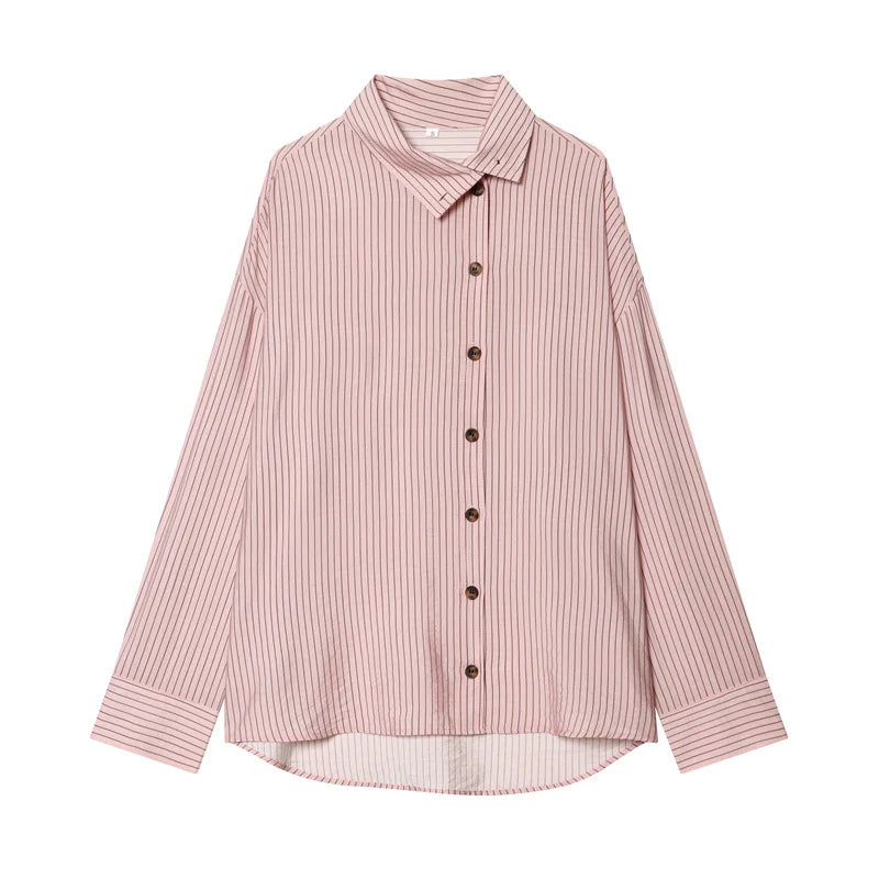 Women Shirt 2026 New Spring Summer Pink Striped Turtleneck Shirt for Women Fashion High Street Trendy Chic Female Shirt