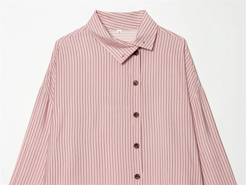Women Shirt 2026 New Spring Summer Pink Striped Turtleneck Shirt for Women Fashion High Street Trendy Chic Female Shirt