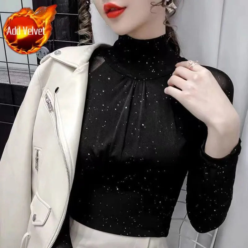 Women's T Shirts Female Tops 2025 Clothes  Glitter Sequin Black Tshirts Rhinestone Mesh Novelties Kpop Korea Stylish Fitted Tees
