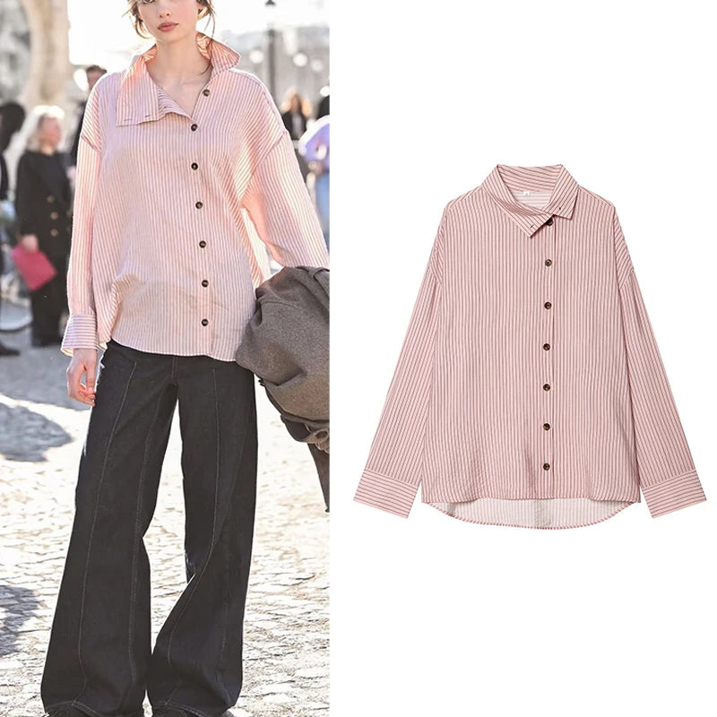 Women Shirt 2026 New Spring Summer Pink Striped Turtleneck Shirt for Women Fashion High Street Trendy Chic Female Shirt