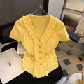 Knitted T Shirt For Women Solid Ruffles Spring Summer V Neck Elegant Ropa De Mujer Single Breasted Sweet T-shirts
