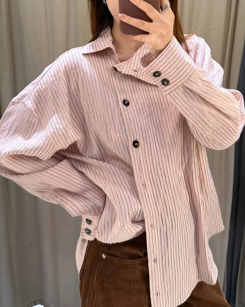 Women Shirt 2026 New Spring Summer Pink Striped Turtleneck Shirt for Women Fashion High Street Trendy Chic Female Shirt