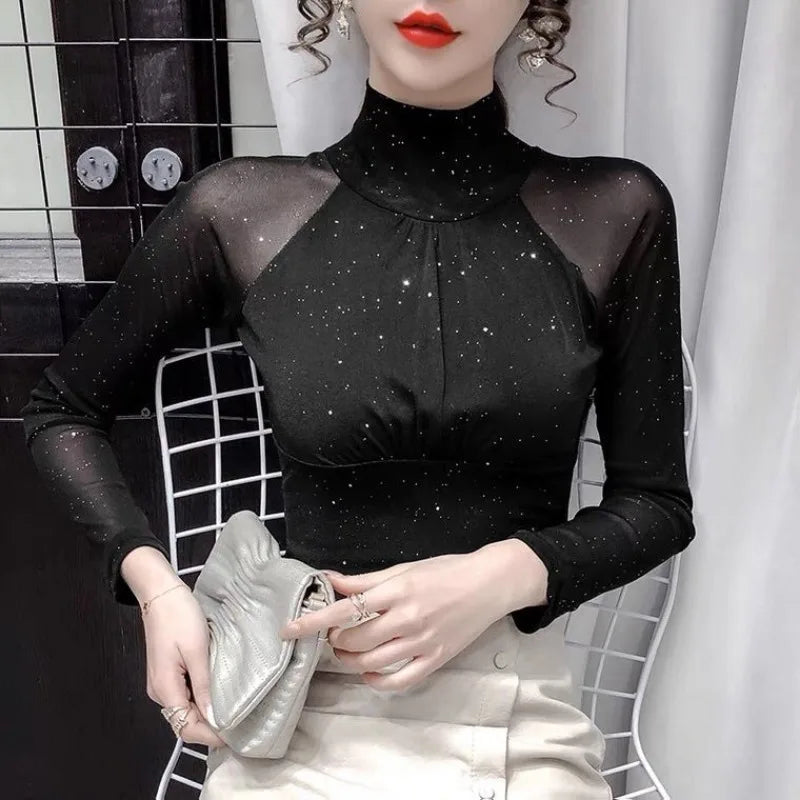 Women's T Shirts Female Tops 2025 Clothes  Glitter Sequin Black Tshirts Rhinestone Mesh Novelties Kpop Korea Stylish Fitted Tees
