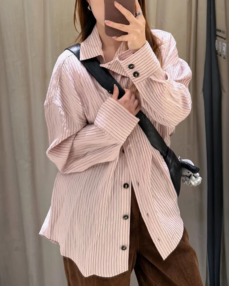Women Shirt 2026 New Spring Summer Pink Striped Turtleneck Shirt for Women Fashion High Street Trendy Chic Female Shirt