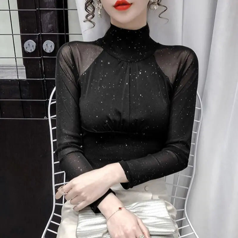 Women's T Shirts Female Tops 2025 Clothes  Glitter Sequin Black Tshirts Rhinestone Mesh Novelties Kpop Korea Stylish Fitted Tees