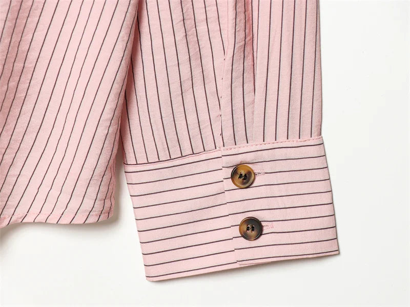 Women Shirt 2026 New Spring Summer Pink Striped Turtleneck Shirt for Women Fashion High Street Trendy Chic Female Shirt