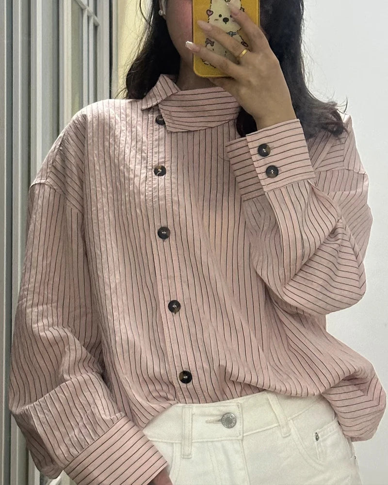 Women Shirt 2026 New Spring Summer Pink Striped Turtleneck Shirt for Women Fashion High Street Trendy Chic Female Shirt