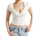 Women T-shirt  Short Sleeve Butter Soft  Summer Sexy Deep V neck Slim Fit Tee Elastic Casual and Sexy Breathable Crop Top Women
