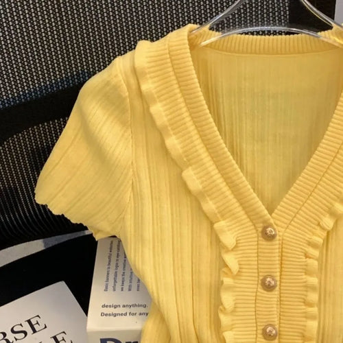Knitted T Shirt For Women Solid Ruffles Spring Summer V Neck Elegant Ropa De Mujer Single Breasted Sweet T-shirts