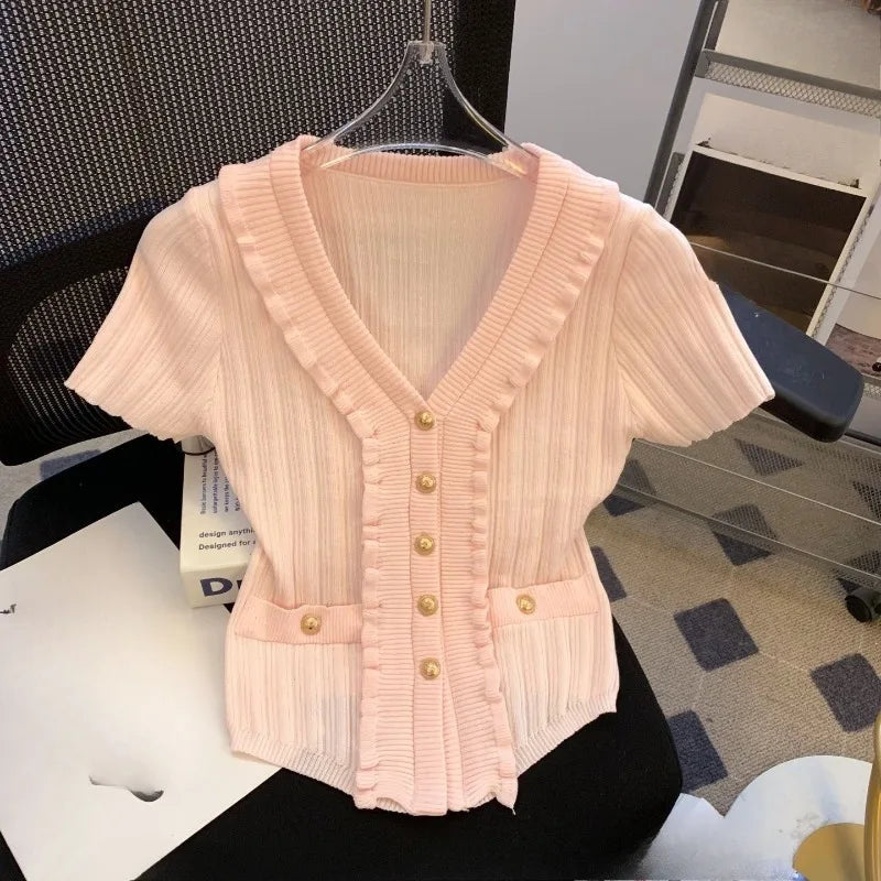 Knitted T Shirt For Women Solid Ruffles Spring Summer V Neck Elegant Ropa De Mujer Single Breasted Sweet T-shirts